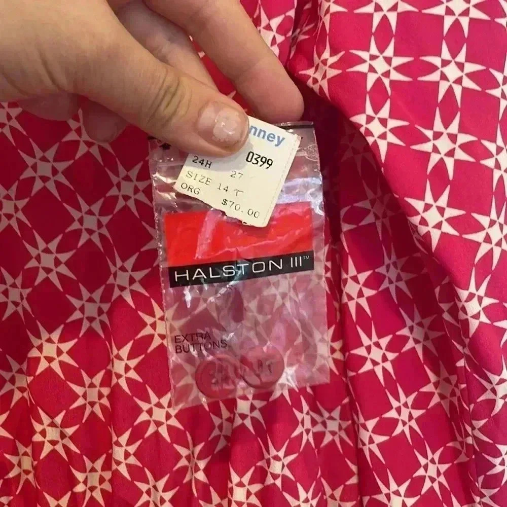 Vtg NWT Halston III Star Print Button Up Maxi Dress Fuchsia Shoulder Pads Sz 14 - Picture 4 of 9